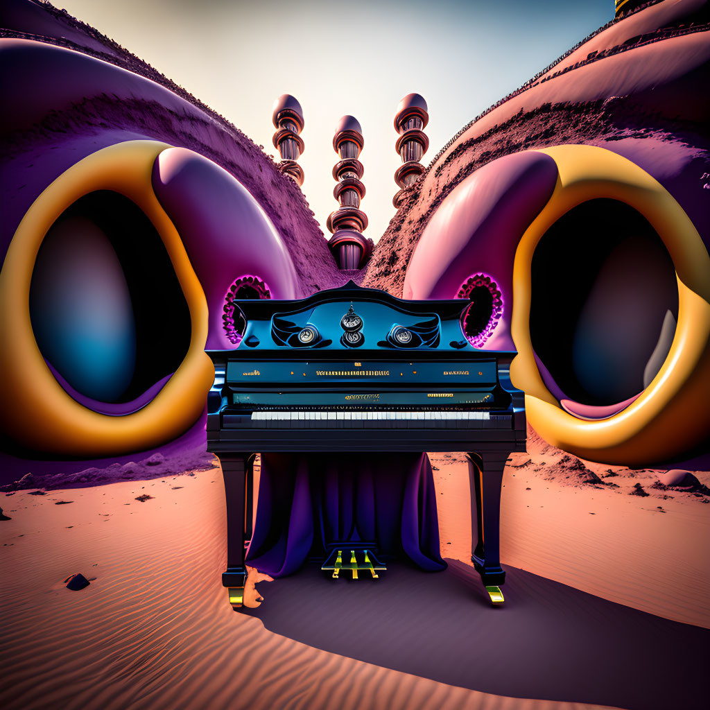 Colorful grand piano with speaker-like structures in surreal desert setting