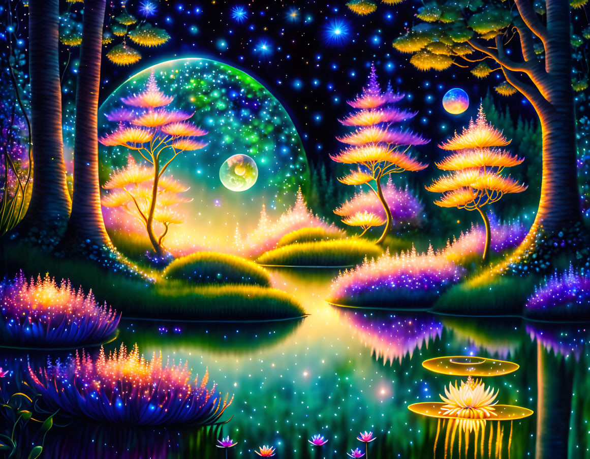 Idyllic Neon Night Pond