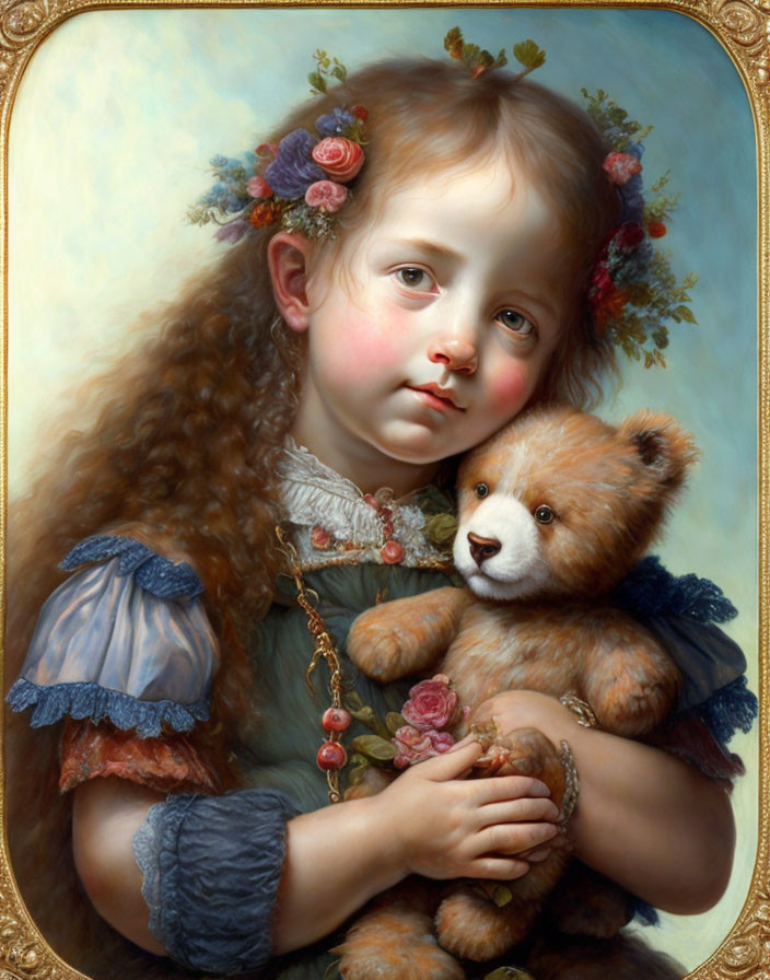 Young child with curly hair holding teddy bear in vintage-style dress with flowers - Portrait.