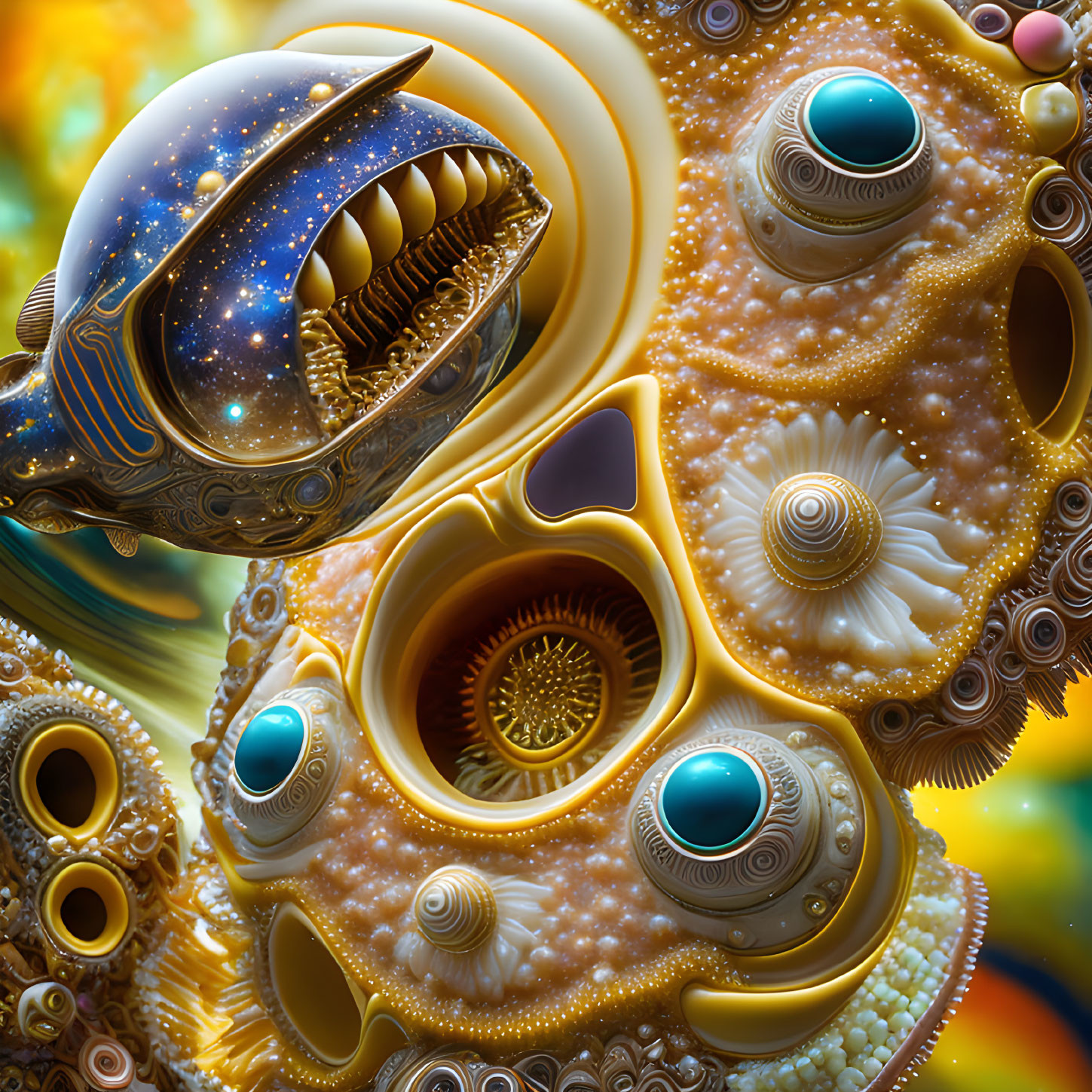 Colorful surreal artwork: Ornate fish creature, intricate patterns, celestial theme.