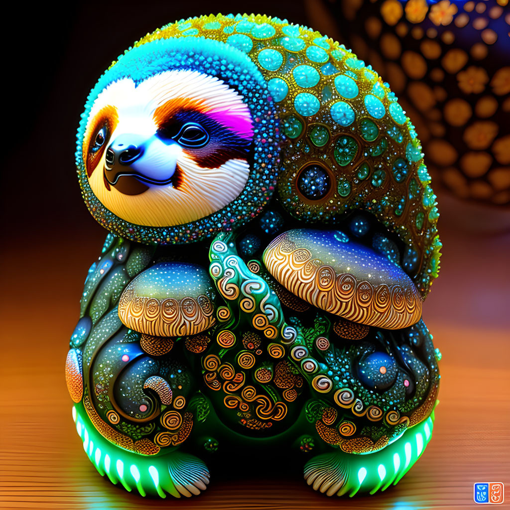 Vibrant sloth sculpture with intricate patterns and textures on dark background