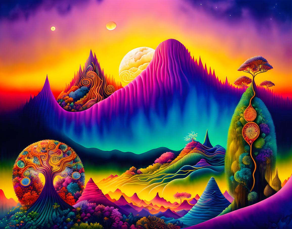 Colorful surreal landscape with moon, planets, and vibrant mountains