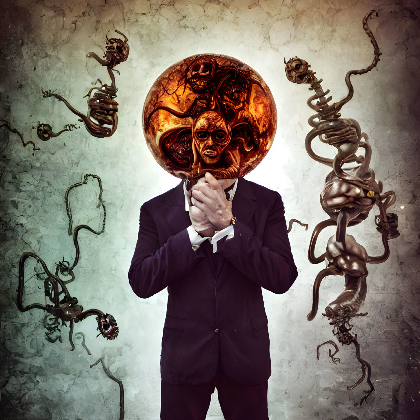 Fiery orb-headed figure in suit amid dark tendrils and intricate shapes