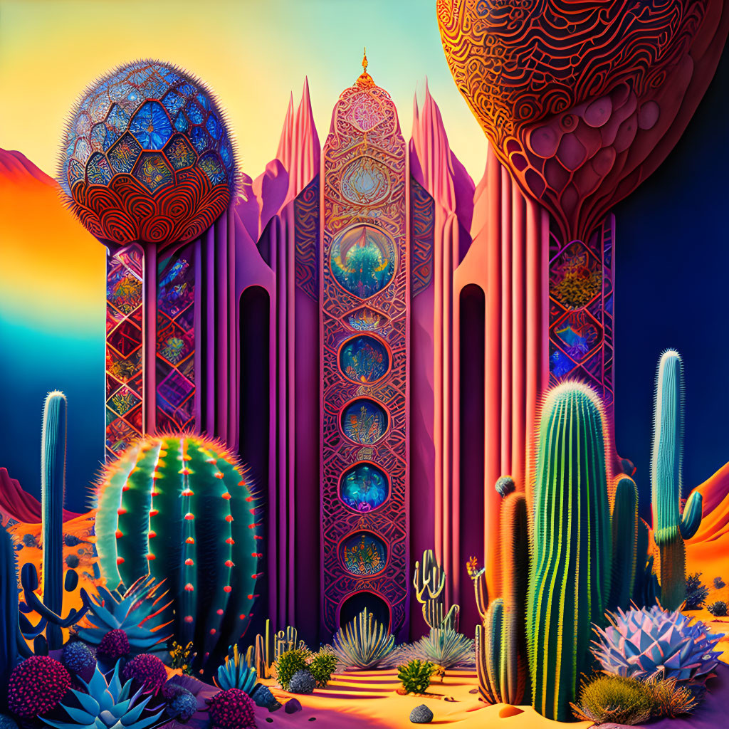 Colorful Psychedelic Landscape with Cacti and Ornate Structures