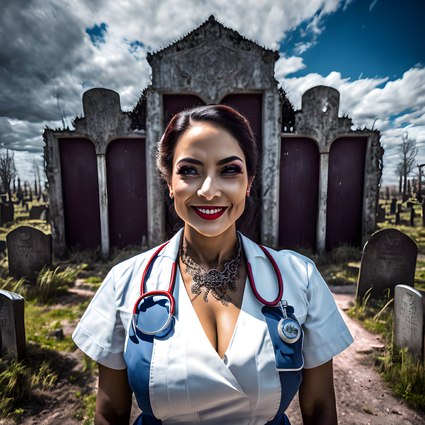 Smiling woman nurse with stethoscope in graveyard scene