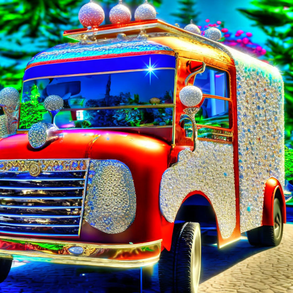 Colorful Retro Bus with Sparkling Lights in Sunny Sky