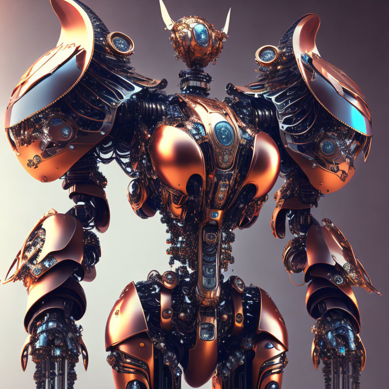 Detailed Ornate Robotic Figure with Metallic Wings and Blue Glowing Elements