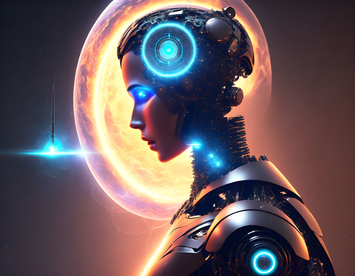 Detailed futuristic female android with mechanical head design on cosmic background.