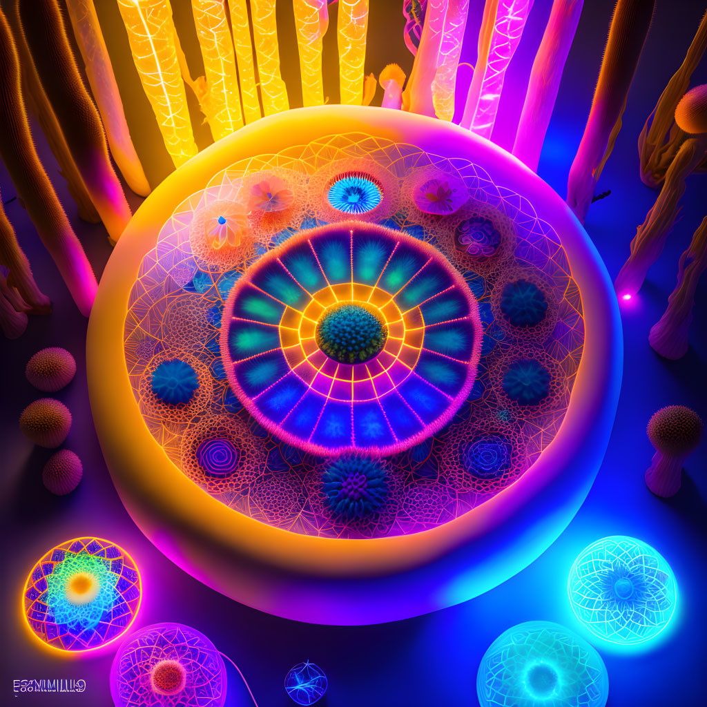 Colorful digital artwork: geometric circle, glowing orbs, neon towers