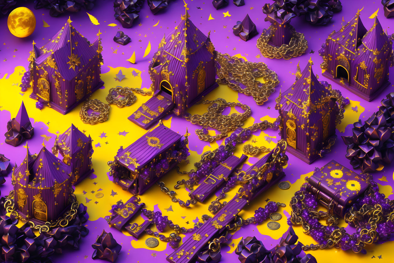 Vibrant 3D-rendered purple Gothic buildings on yellow background