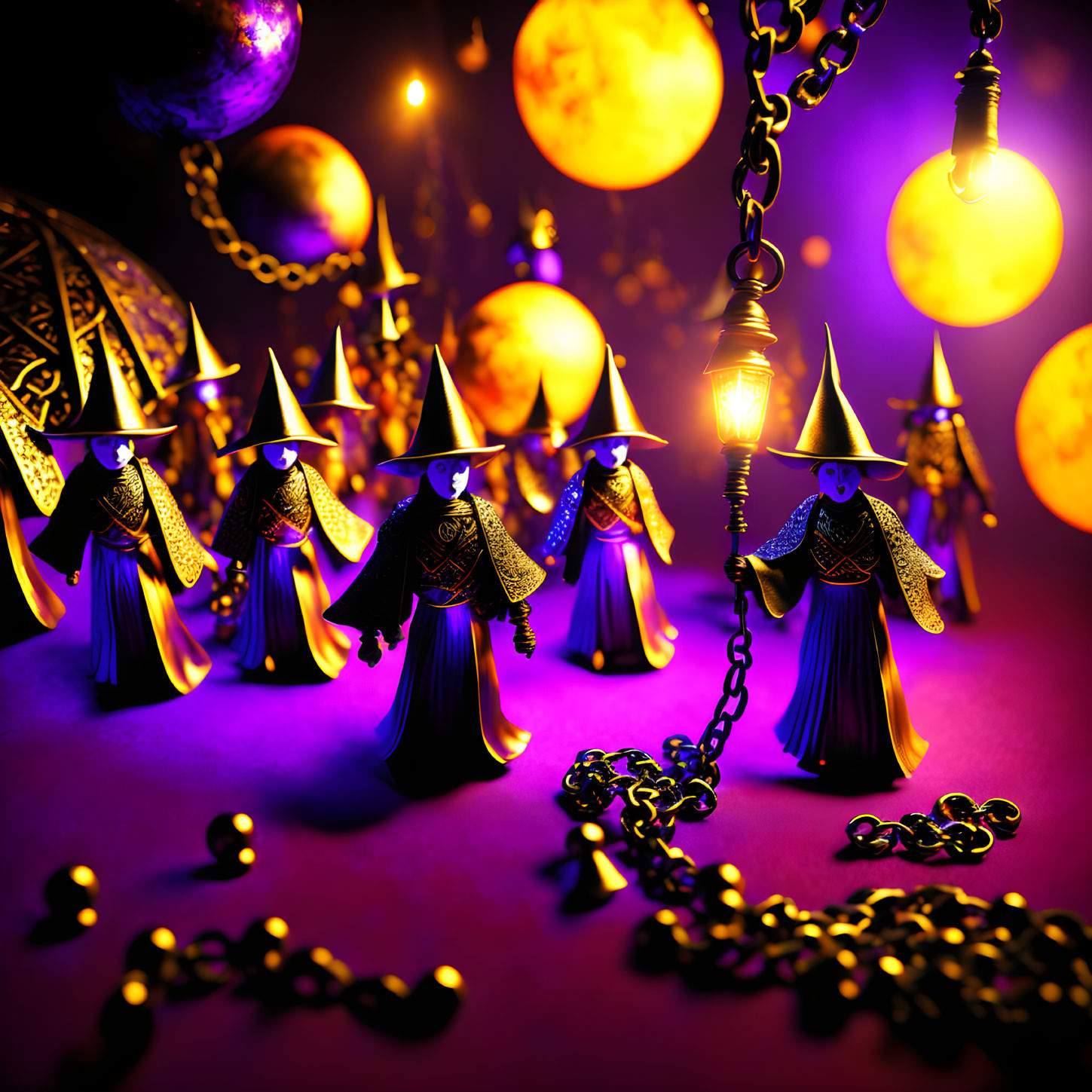 Robed figures among lanterns and golden orbs in mystical setting