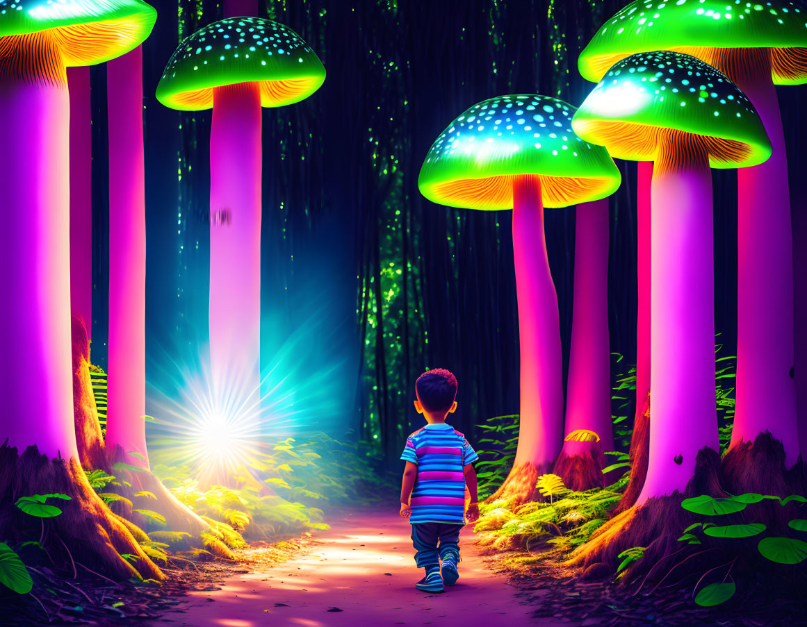 Child walking towards light in enchanted forest with oversized luminescent mushrooms