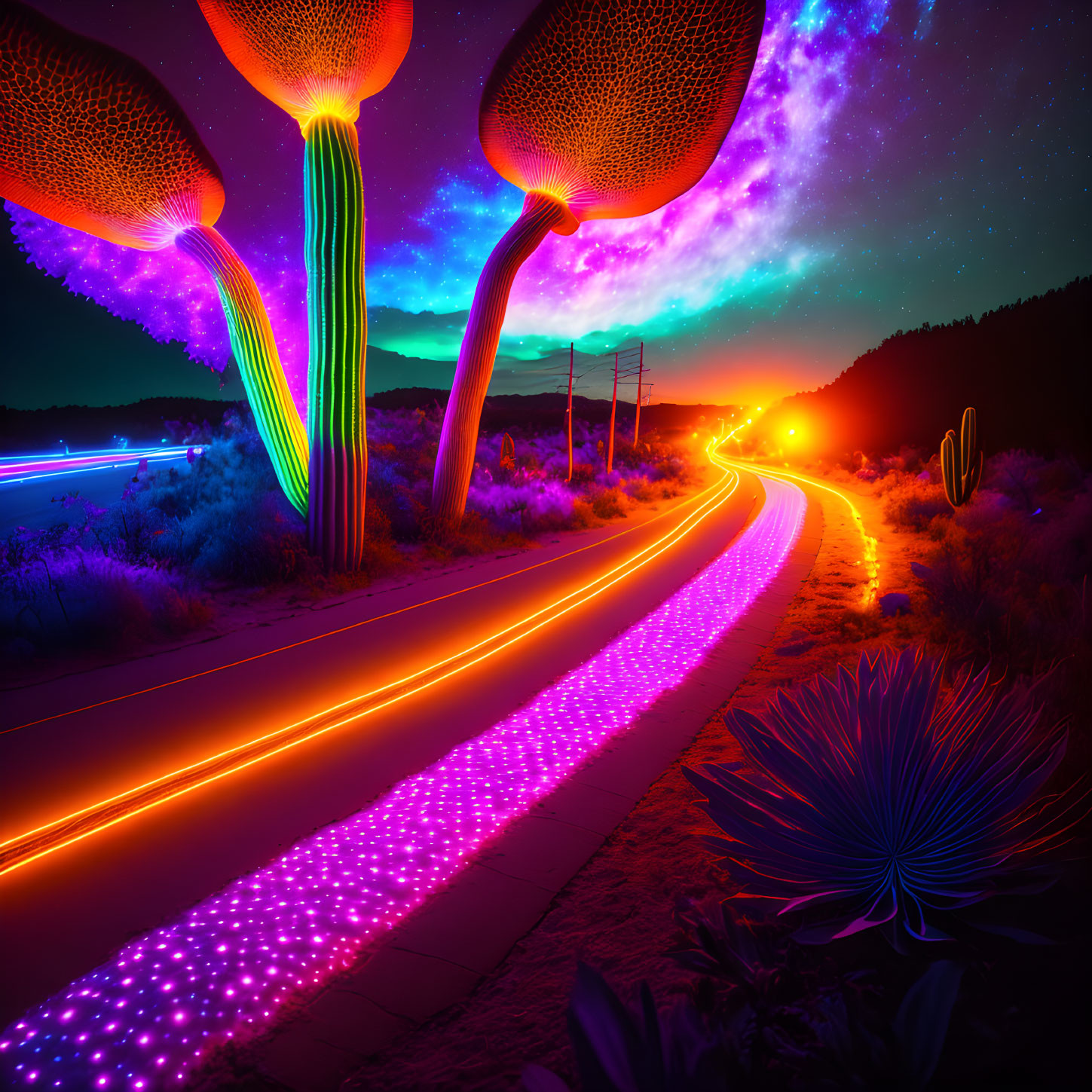 Vibrant night scene with glowing road and illuminated plants