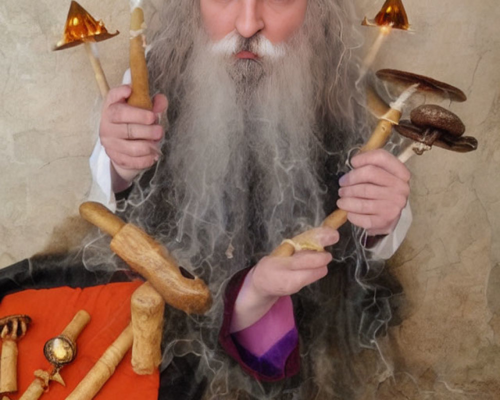 Wizard costume with white beard, holding tray of breadsticks and mushrooms in smoky setting