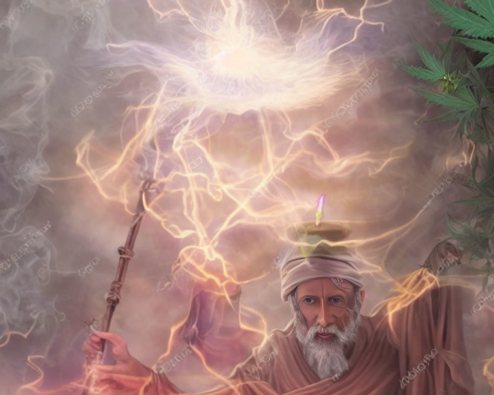 Bearded Old Man in Robes with Cosmic Entity and Staff