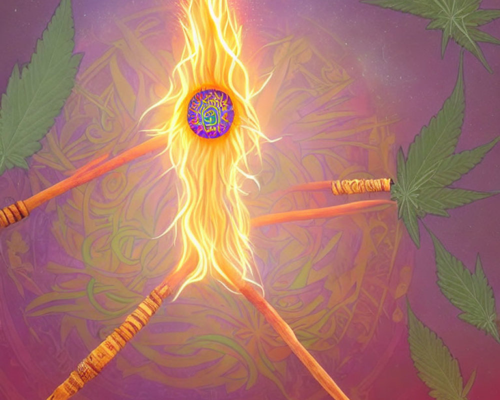 Incense sticks with orange tips in bright flame on mystical purple background