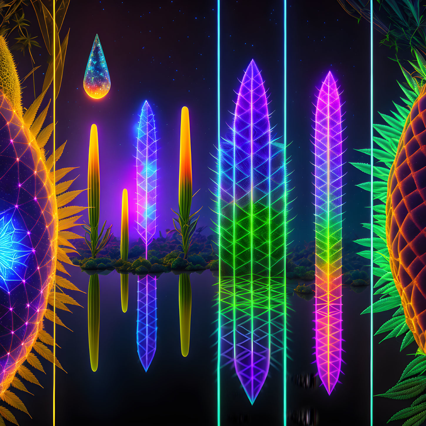 Colorful Neon Crystals and Plants Reflecting in Cosmic Setting