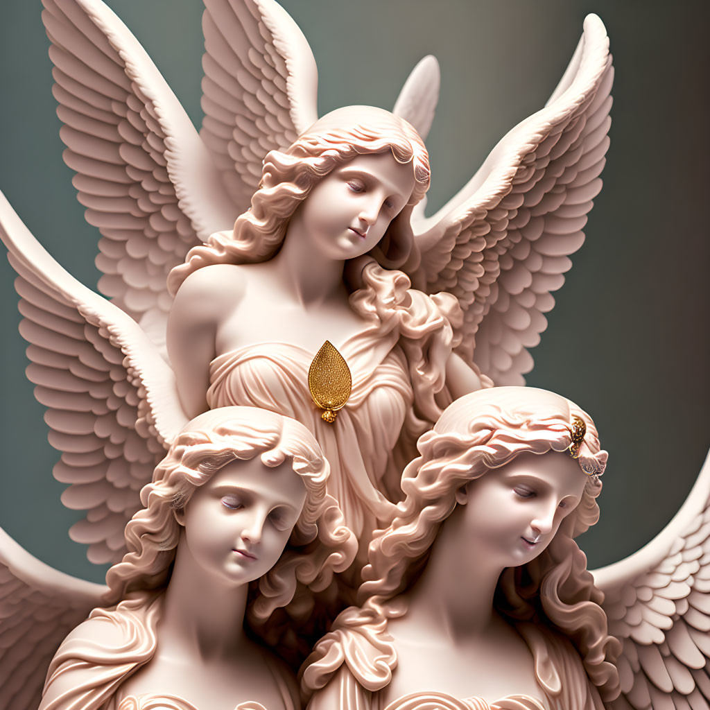 Sculpture of three serene angels with exquisite wings and flowing robes