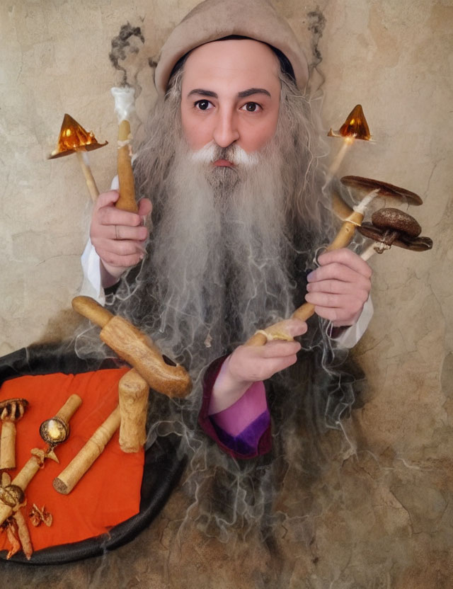 Wizard costume with white beard, holding tray of breadsticks and mushrooms in smoky setting