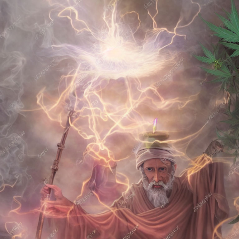 Bearded Old Man in Robes with Cosmic Entity and Staff