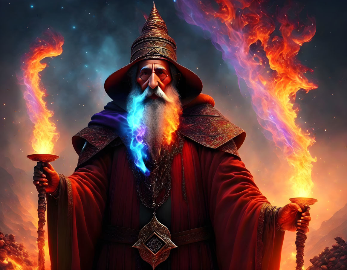 Wizard in Red Cloak with Blue Flame Beard Against Fiery Background