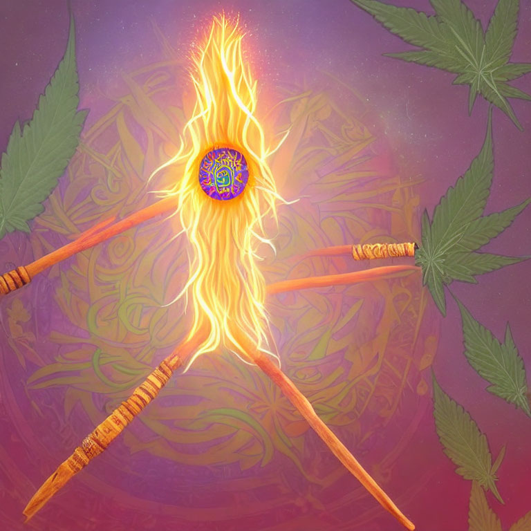 Incense sticks with orange tips in bright flame on mystical purple background