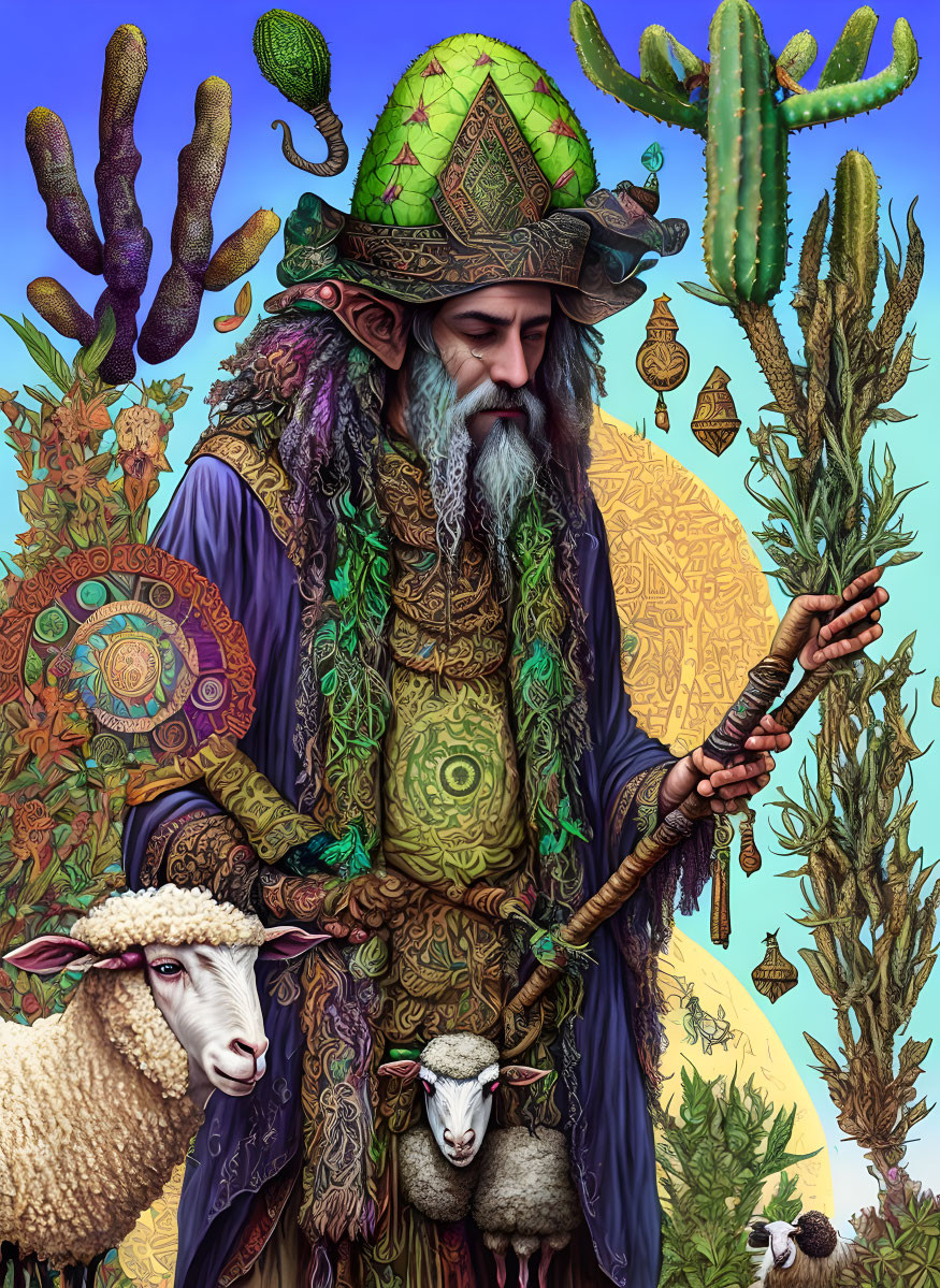 Wizard with Staff in Green Hat Among Cacti and Sheep