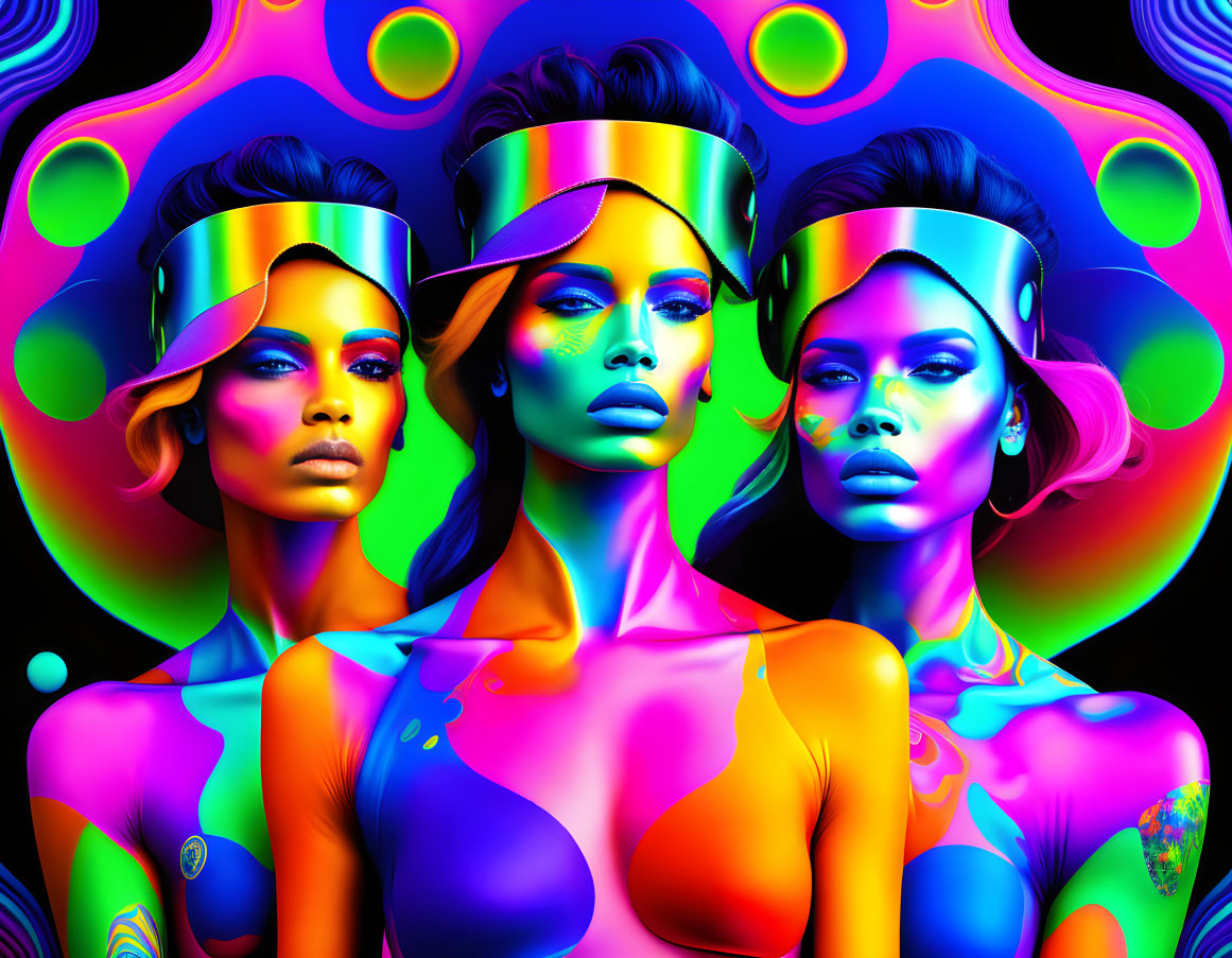 Colorful neon-painted women with futuristic visors on psychedelic backdrop