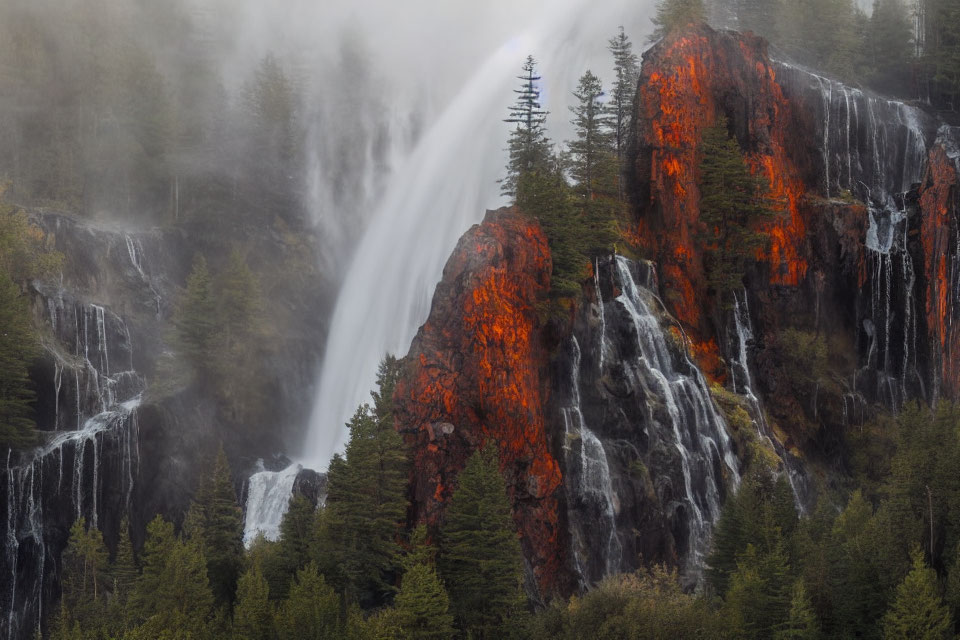 Scenic waterfall over mossy red cliffs in misty forest