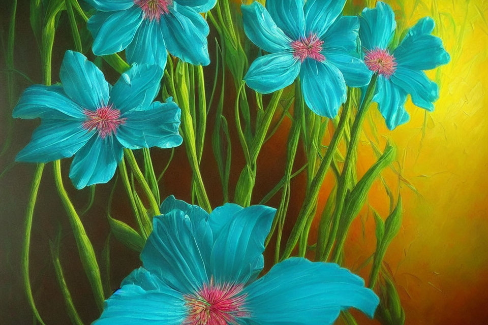 Colorful painting of blue flowers with pink stamens on yellow-green backdrop