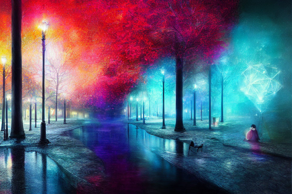 Colorful illuminated trees and wet pavement in vibrant nighttime park scene