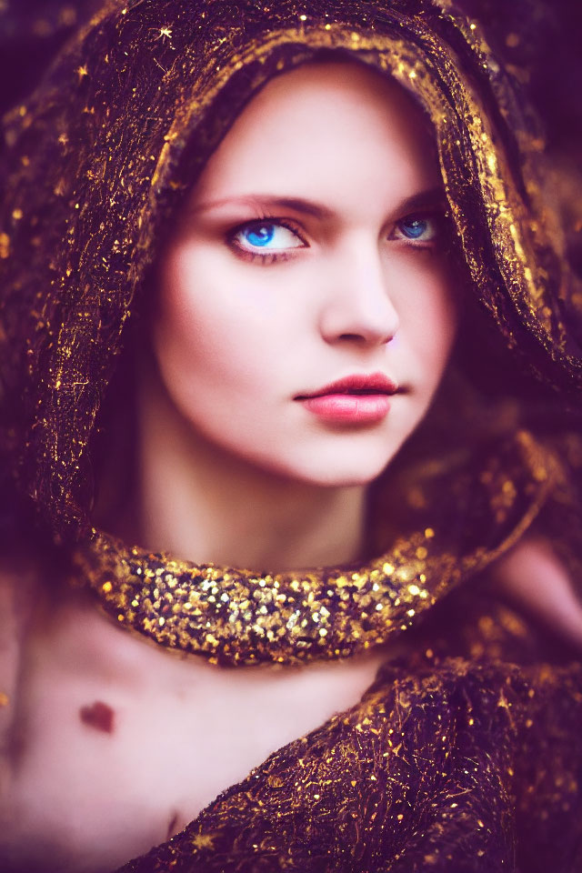 Woman with Striking Blue Eyes in Golden Glittery Hood and Garment