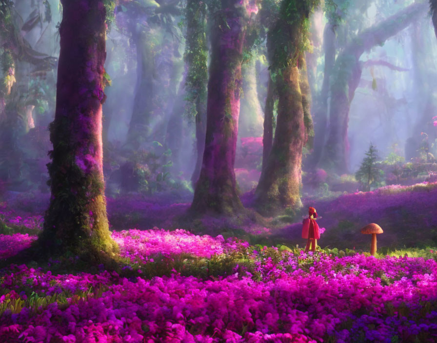 Fantasy forest with towering trees, purple flowers, ethereal lighting, red-cloaked figure,