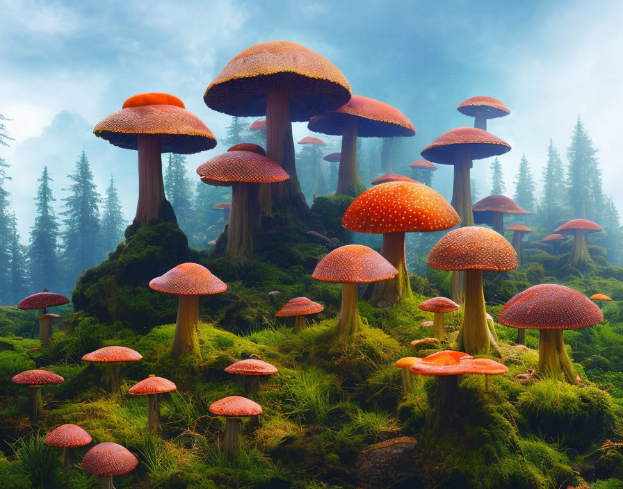 Enchanting forest scene with oversized red-capped mushrooms in misty ambiance