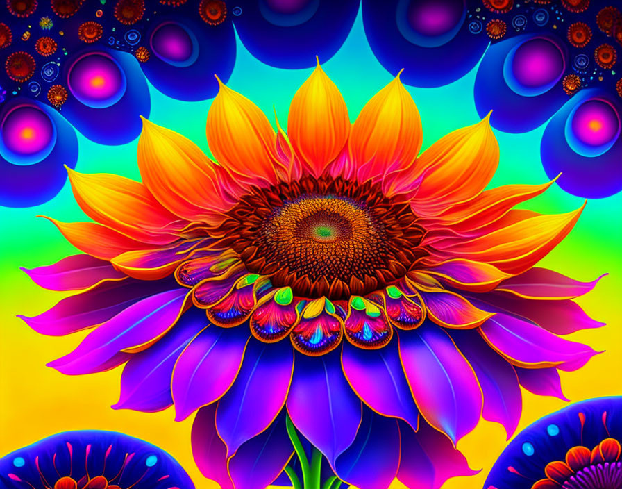 Colorful digital artwork: Sunflower with orange to purple petals on psychedelic background