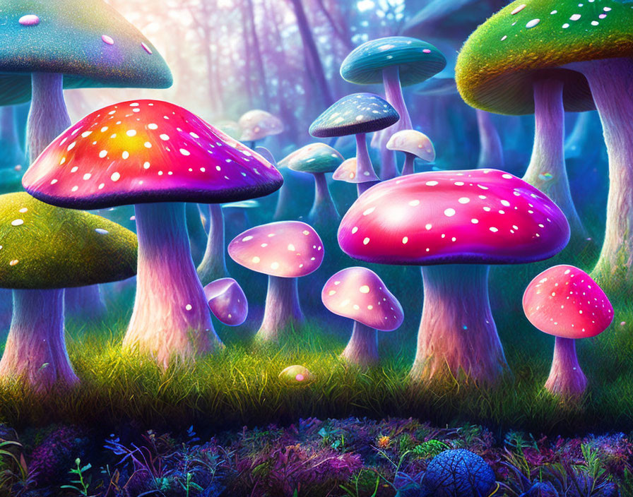 Colorful Oversized Mushrooms in Mystical Forest Landscape