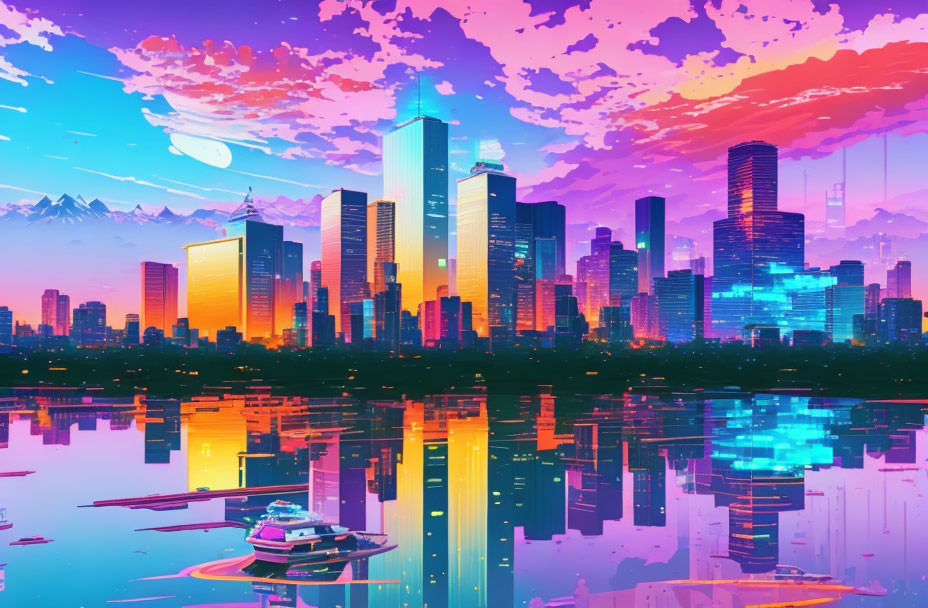 Cityscape at Sunset: Skyscrapers, Mountains, and Boat in Vibrant Pink and Blue