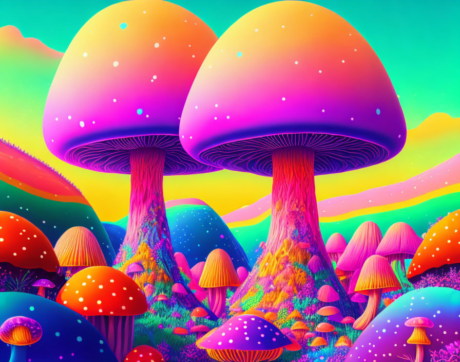 Colorful psychedelic illustration of oversized pink-capped mushrooms in fantasy landscape