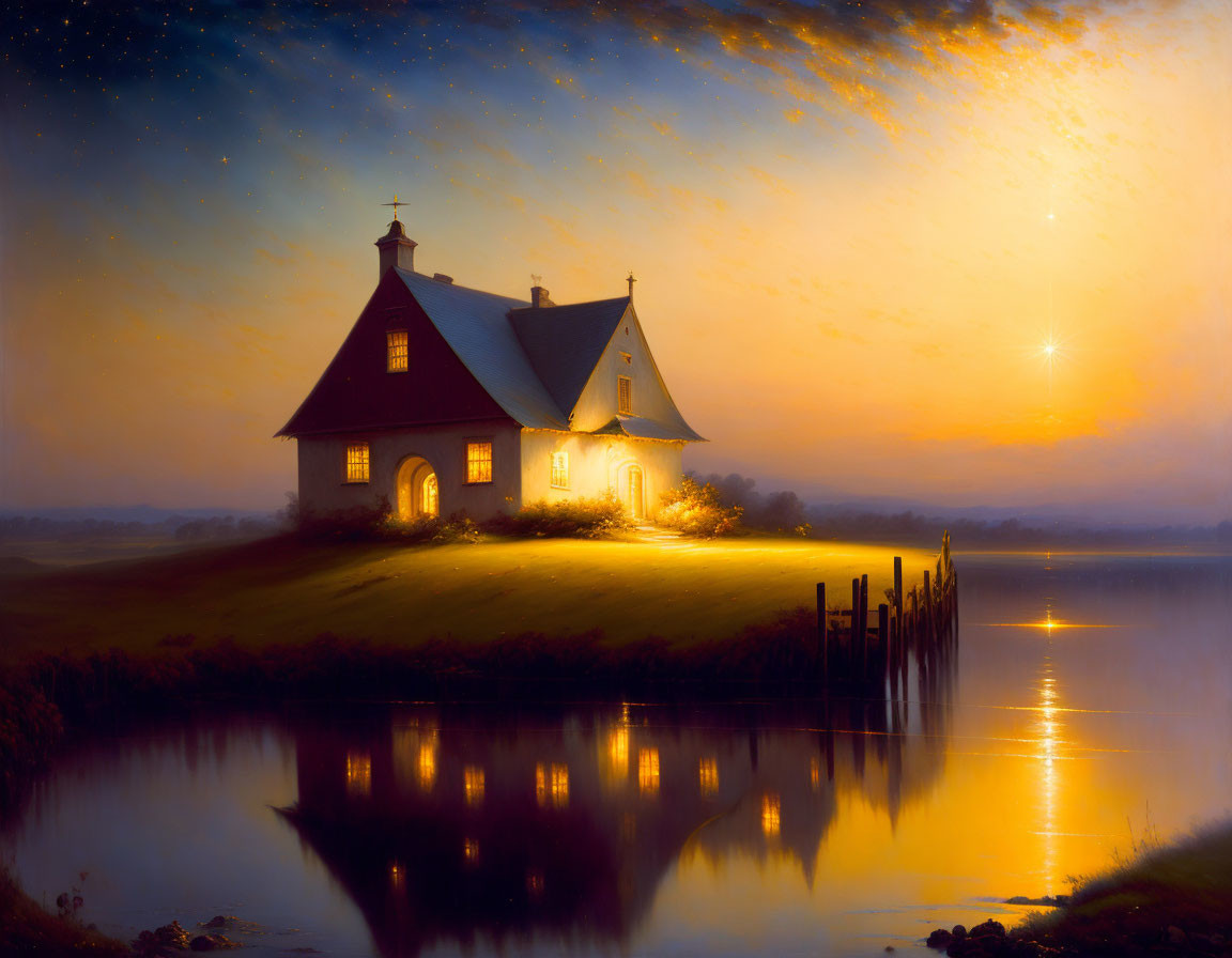 Quaint House by Serene Lake at Twilight to Night