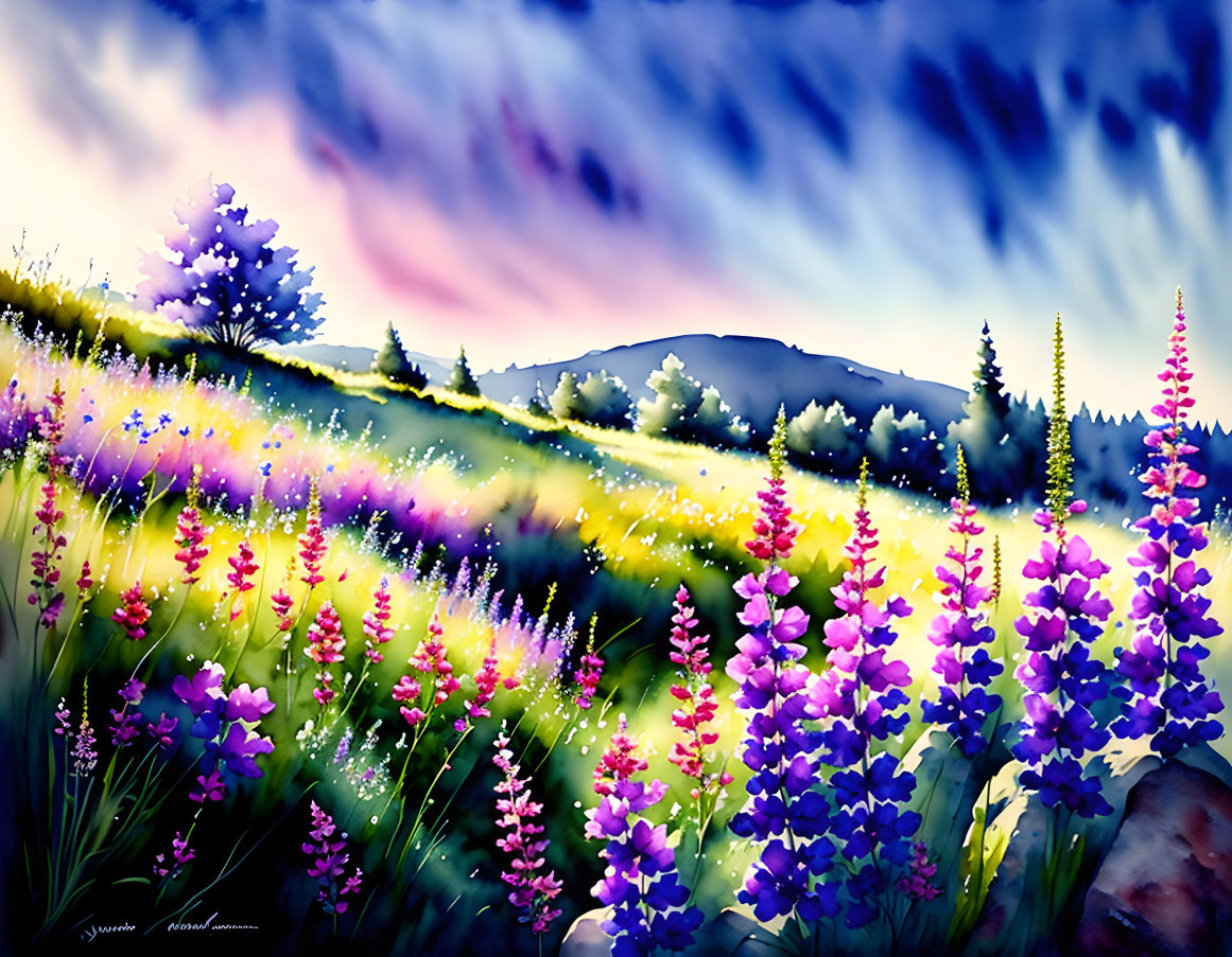 Colorful Watercolor Painting: Blooming Field with Purple Flowers and Dynamic Sky