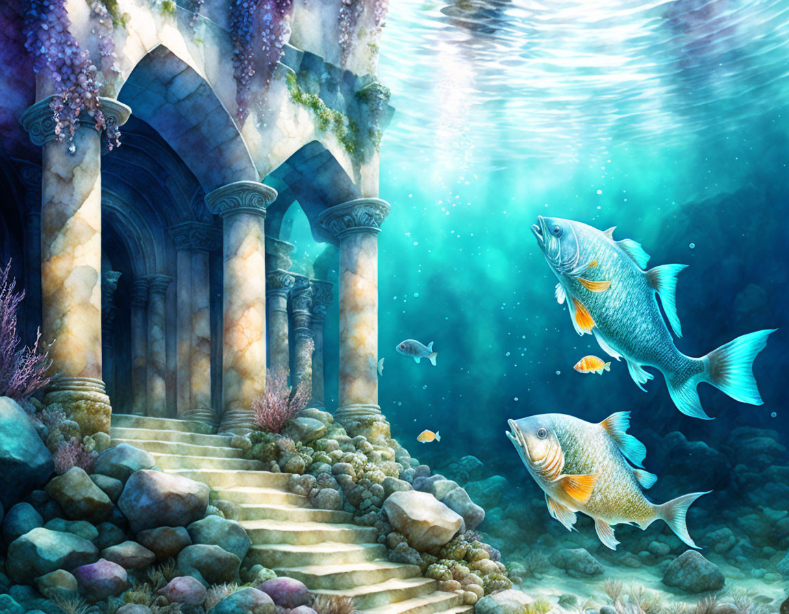 Sunken ruins, vibrant fish, and shimmering light in underwater scene