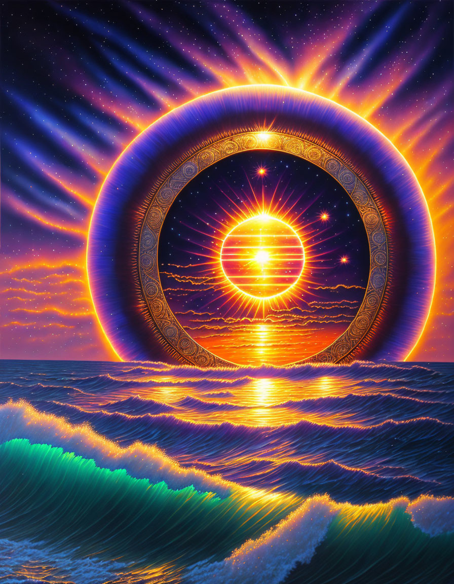 Large ornate ring floating above the sea with radiant sun and star-studded twilight sky