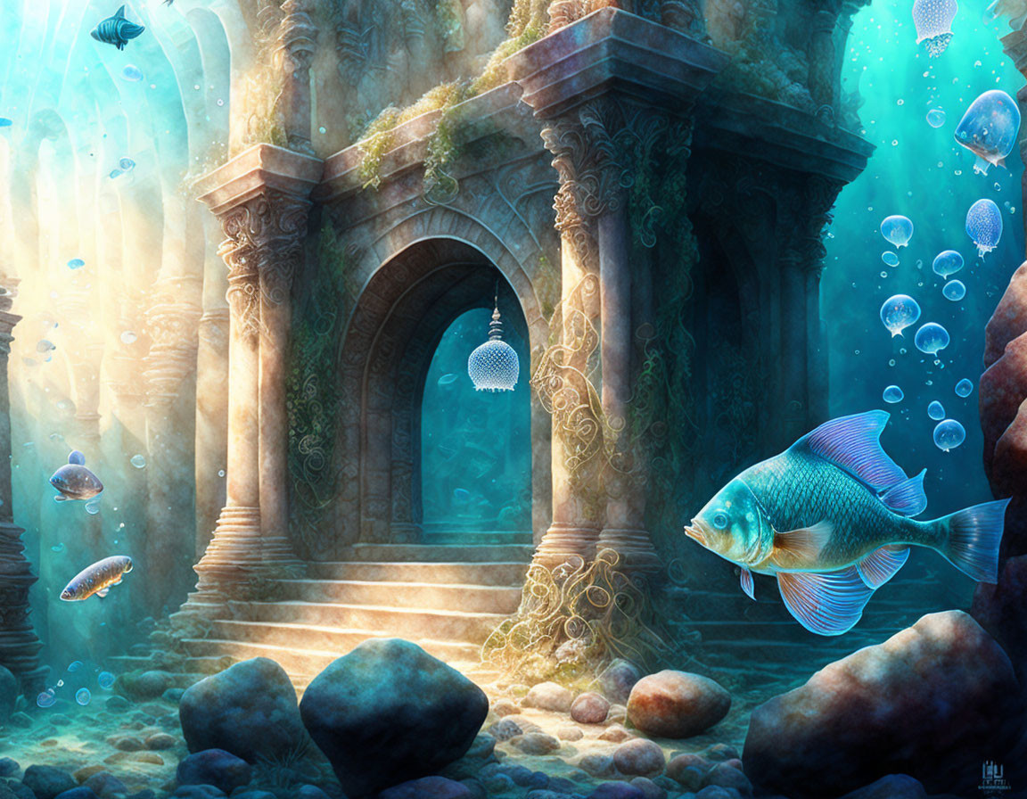 Ancient arched doorway surrounded by fish, ruins, and jellyfish in mystical underwater scene