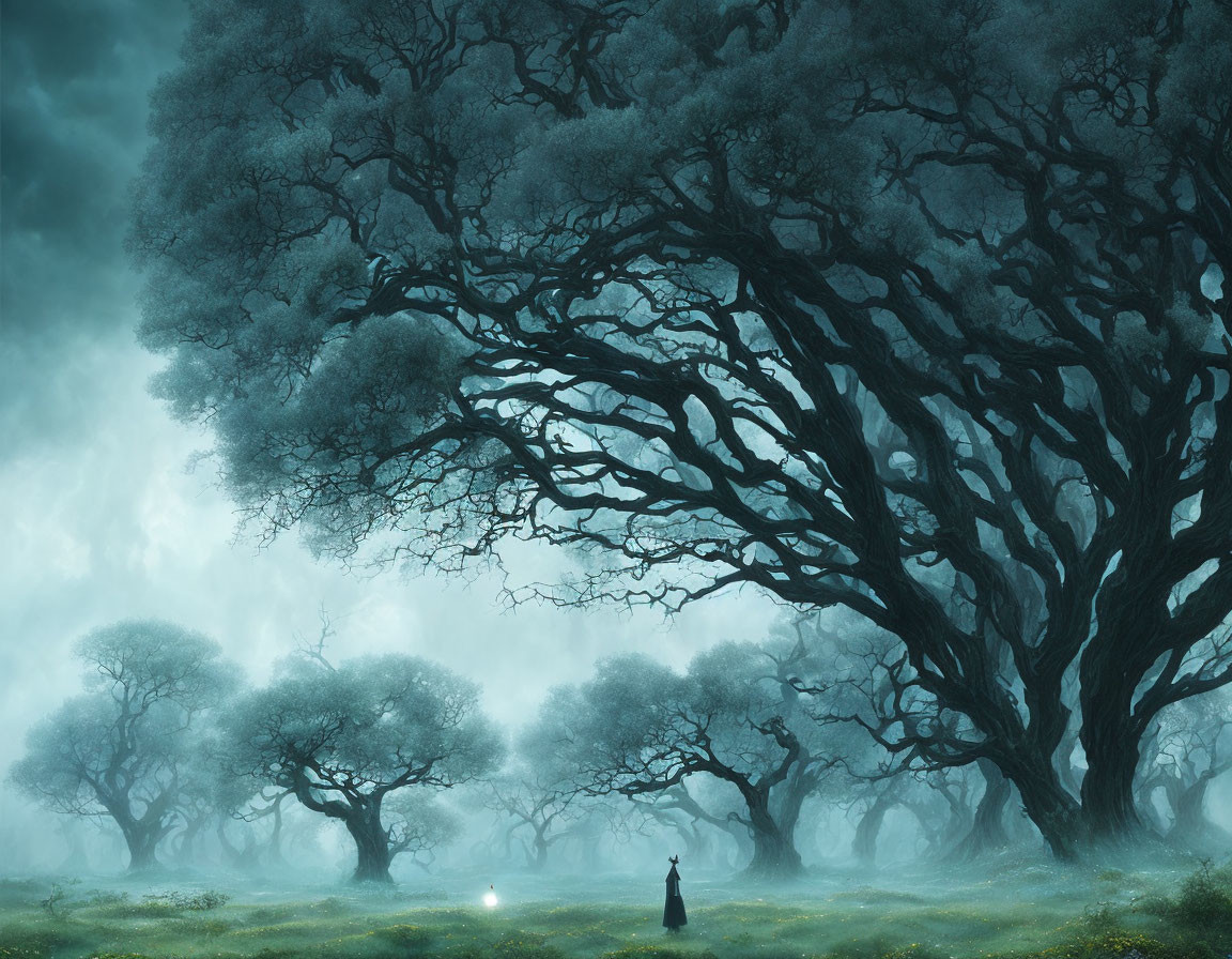 Enigmatic forest scene with towering trees and cloaked figure by glowing orb