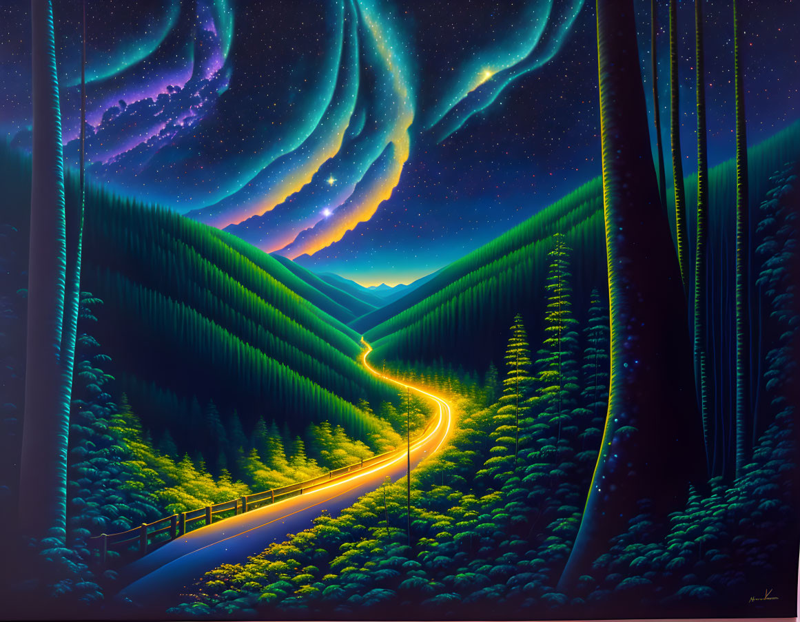 Winding road through dense pine forest under vibrant night sky