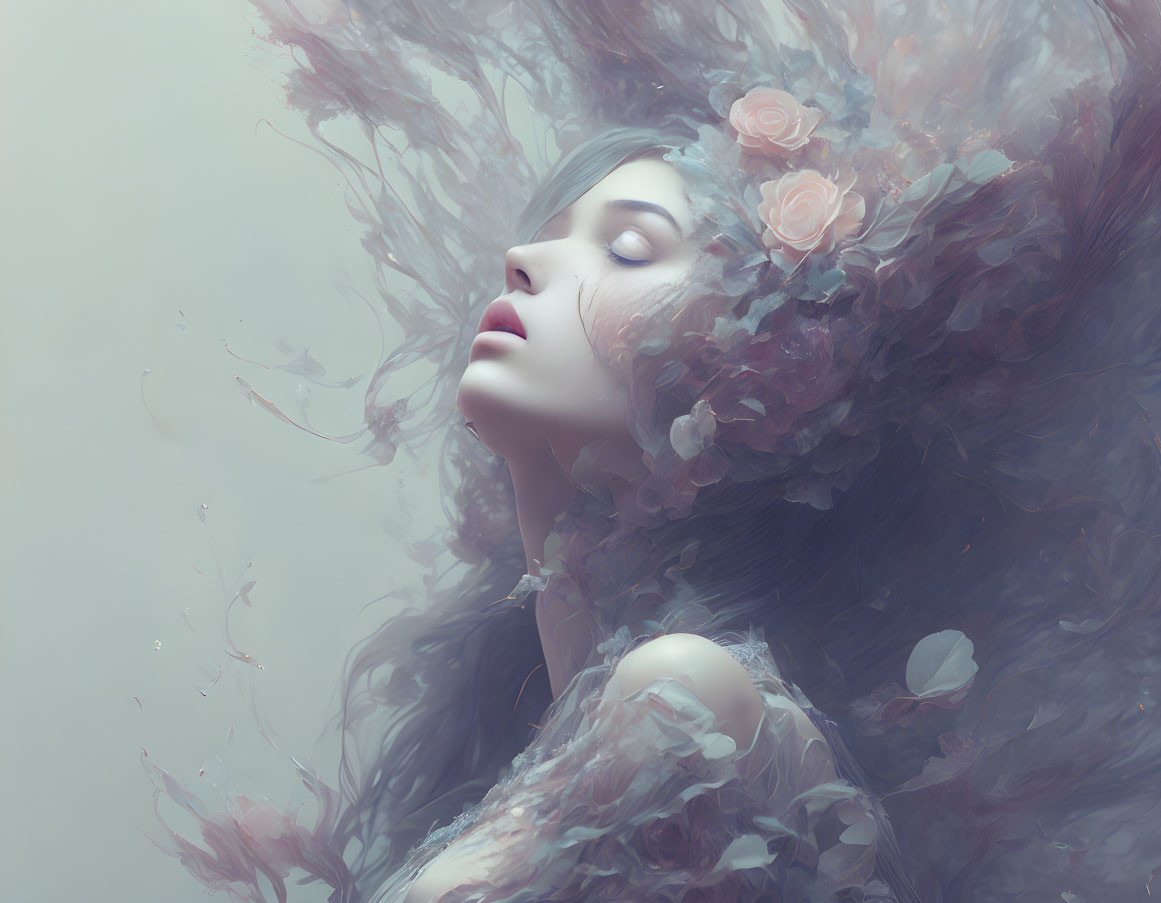 Artistic image of woman with floral hair blending into soft colors