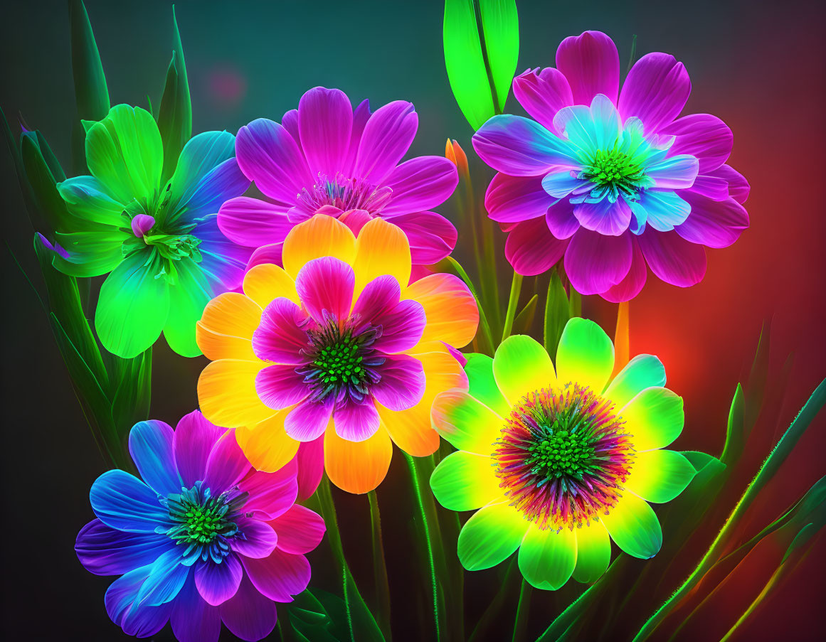 Colorful Neon Flowers on Dark Background