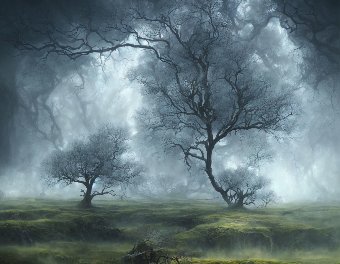 Foggy forest with leafless trees and lush green grass