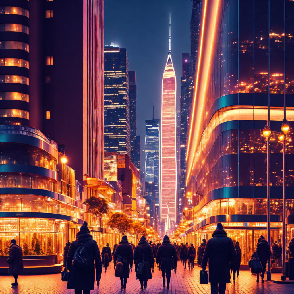 Urban night scene: pedestrians on city street with bright skyscrapers under twilight sky