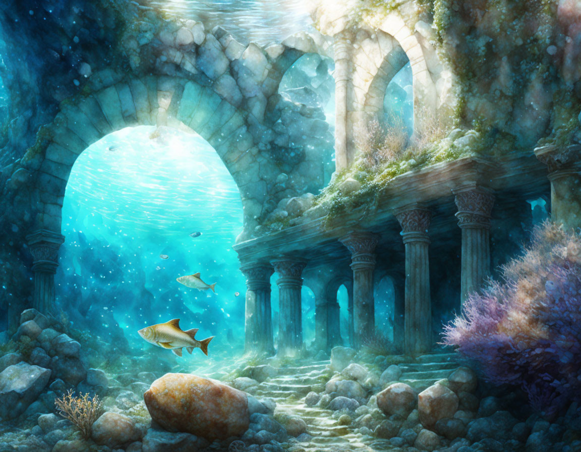 Underwater ruins with arched structure, fish, and coral in sunlight